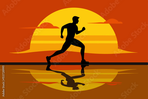 Black silhouette illustration of people running, jumping, and exercising on the beach at sunset