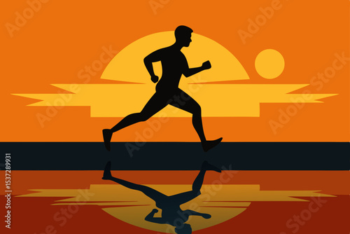 Silhouette of a young woman running on the beach at sunset, a dynamic illustration of sport and fitness