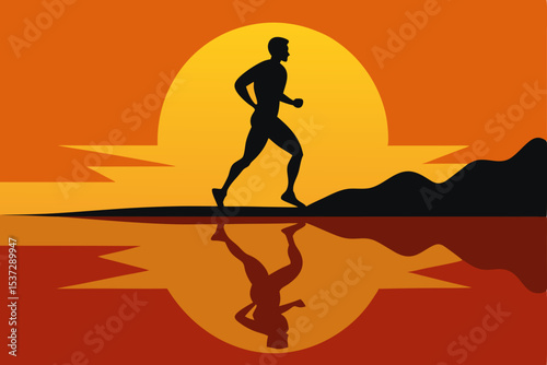 Black vector silhouette illustration of a woman running on the beach into the sun and sea