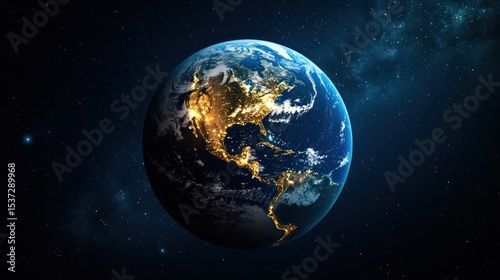 Fototapeta Naklejka Na Ścianę i Meble -  Earth seen from space, lit by city lights, with stars in the background