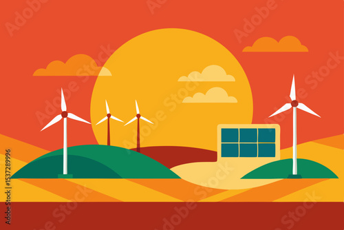 Wind turbines harness green energy, generating clean electricity across diverse landscapes like fields and mountains under the sky