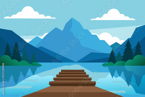 Mountain landscape with a blue sky, lake, and clouds, offering a panoramic view of nature