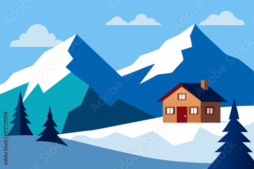 Winter mountain landscape with houses, snow-covered trees, and a blue sky