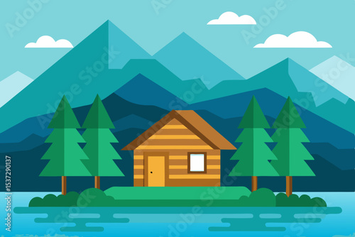 Mountain house winter landscape vector illustration with snow, trees, and cozy cabin scene