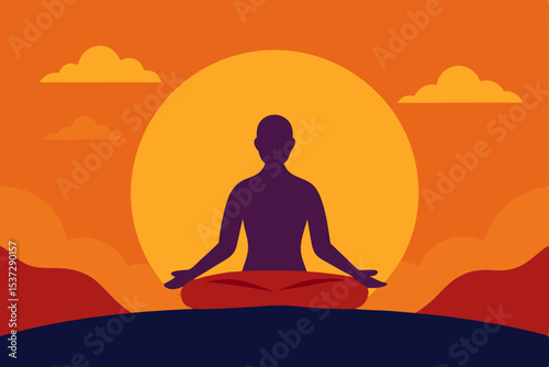 Silhouette of a woman meditating in a lotus pose on the beach at sunset, an illustration of peace, health, and relaxation