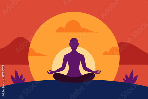 Silhouette of a woman meditating in a lotus yoga pose, a vector illustration for relaxation and peace at sunset