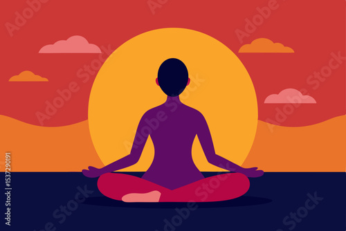 Silhouette of a woman meditating in a yoga lotus pose at sunset, promoting peace, relaxation, and health