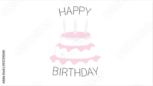 Illustration of a two tiered birthday cake with pink frosting and three candles with happy birthday text below