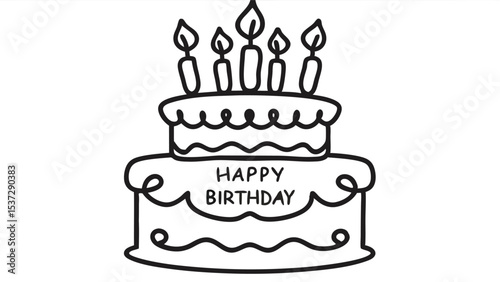 A two tiered birthday cake with happy birthday message and five candles in black and white line drawing style