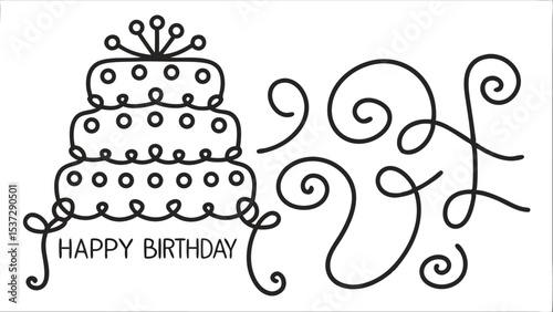 Three tiered birthday cake with dots and swirls and happy birthday text in a black and white drawing