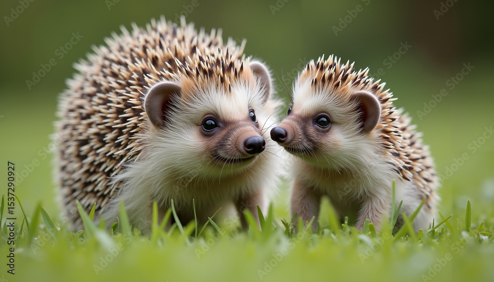 Fototapeta premium Adult hedgehog and baby hedgehog cuddling on green grass 