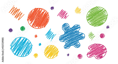 Colorful Scribbles and Geometric Shapes A Cheerful and Creative Composition on White Background