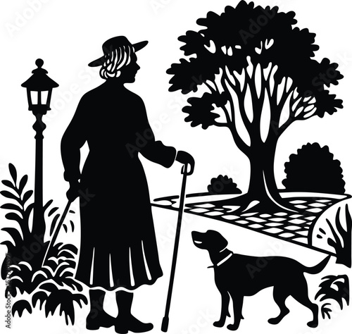 Elderly woman walking dog in peaceful garden scene silhouette design
