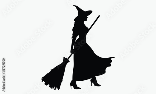 witch silhouette icon, halloween broom vector, spooky witch hat design