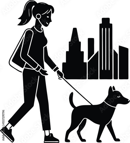 Woman walking dog in metropolitan cityscape silhouette illustration