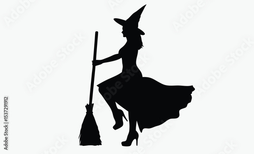 witch silhouette icon, halloween broom vector, spooky witch hat design