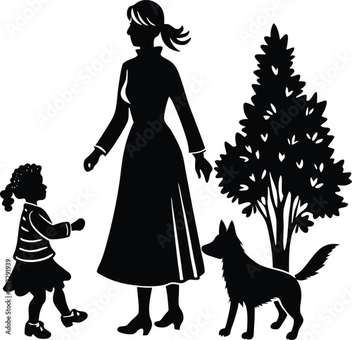 Mother and child walking dog in park silhouette scene with trees
