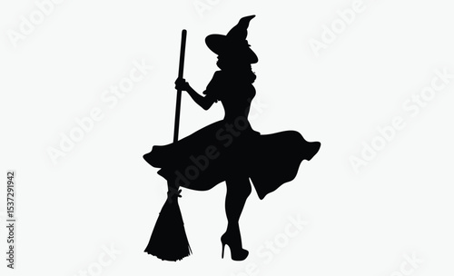 witch silhouette icon, halloween broom vector, spooky witch hat design