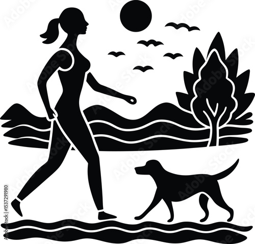 Morning jog woman running with dog on trail path silhouette scene