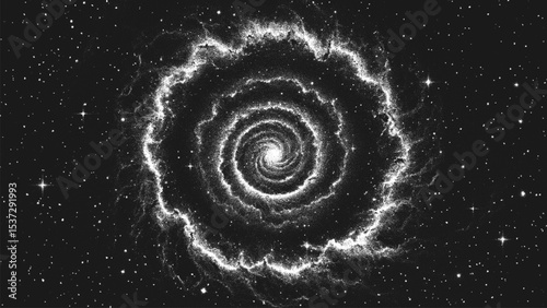 Cosmic supernova explosion forming a new galaxy in deep space with swirling dust and gas clouds forming a spiral nebula. Starburst nebula in stippling style. Dotwork. Pointillism. Dots shading. Vector