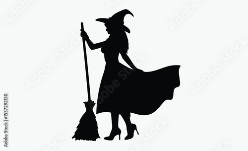 witch silhouette icon, halloween broom vector, spooky witch hat design