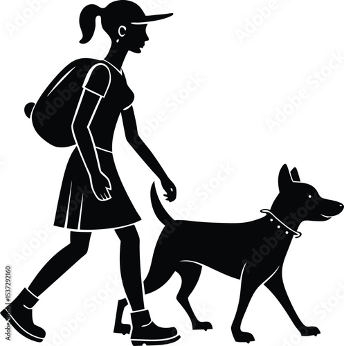 Woman with backpack walking dog in side view silhouette design