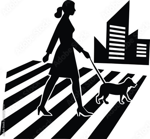 Urban crosswalk scene with woman walking dog in silhouette style