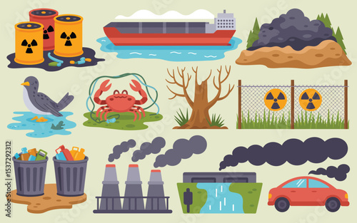 Environmental Pollution Icons Set Air Water Land Contamination