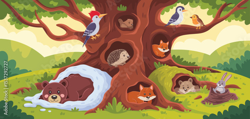 Cute Woodland Animals in Tree Hollows and Burrows