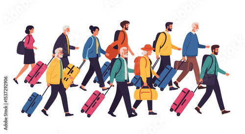Group of People Traveling Together with Suitcases in an Airport or Station