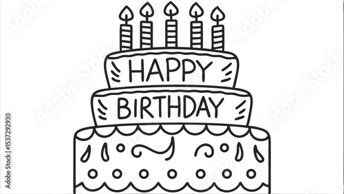 Illustration of a three tiered happy birthday cake with five candles on top in black and white outline style