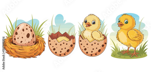 Cute Cartoon Chicks Hatching from Eggs in Nest