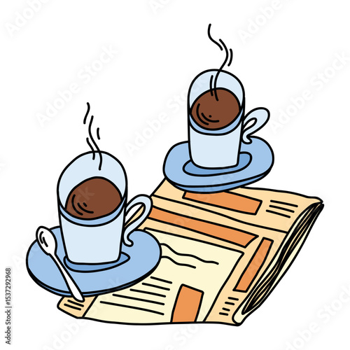 Illustration of morning cups of tea or coffee on newspaper, breakfast in doodle style