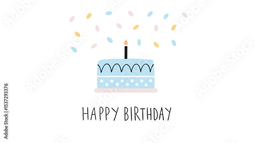 Illustration of a two tiered light blue birthday cake with a candle and confetti on a white background