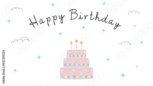 Happy birthday illustration with a three tiered cake with candles surrounded by clouds and stars design element
