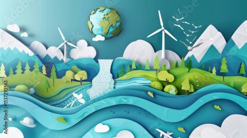 A conceptual view of Earth's renewable energy in sustainable green energy co-operatives, illustrated in a green energy co-op vitality art style, Simplified paper art illustration of