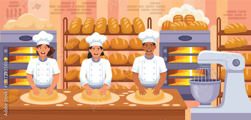 Three Bakers Kneading Dough in a Busy Bakery Shop