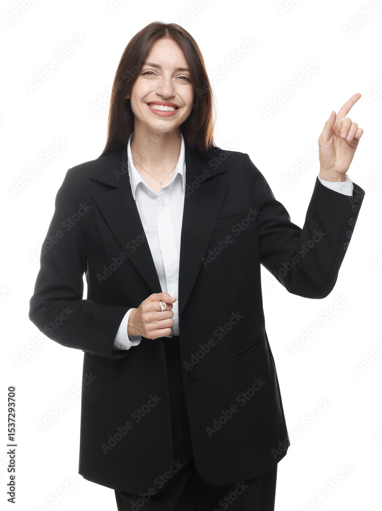 Happy woman in suit on white background Happy woman in suit on white background