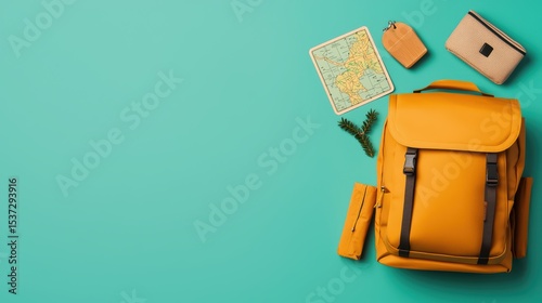 Bright yellow backpack with travel essentials including a map, wallet, and travel tags on a vibrant turquoise background