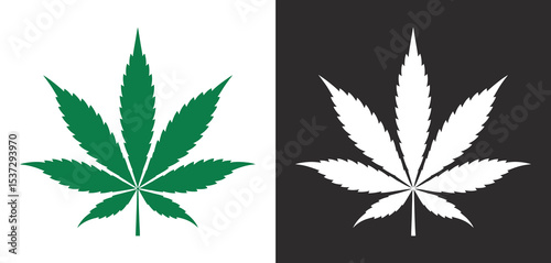 Cannabis Leaf Icon Green and White on Black and White Background