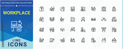 Workplace line icon set. Contain linear symbols meeting, employee, teamwork, team and more. Office icon set. Thin web icons. Pixel perfect. Vector illustration.