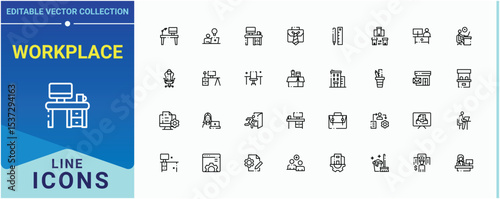 Workplace line icon set. Contain linear symbols meeting, employee, teamwork, team and more. Office icon set. Thin web icons. Pixel perfect. Vector illustration.