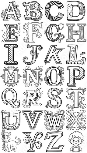 Complete alphabet with decorative letters featuring unique designs and artistic details on white background
