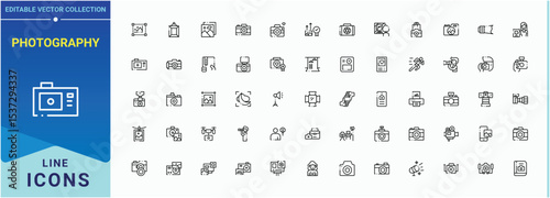 Photography icon set. Editable stroke. Vector collection. Photographer modern icon set. Includes symbols for photograph, camera, photographer, cam and more.