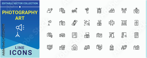 Photography Art line icon set. Pictograms of media, photograph, photo, camera, photographer, cam and more. Photography icon set. Outline icons collection. Pictogram and infographic.