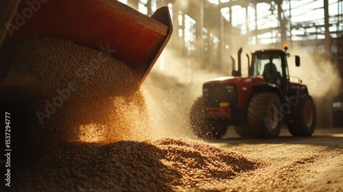 Agricultural tractor unloading grain in a large industrial building