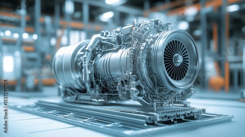 Aircraft engine on display in a manufacturing facility