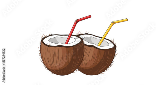 Tropical Delight Refreshing Coconut Juice with Straws Perfect for a Summer Day