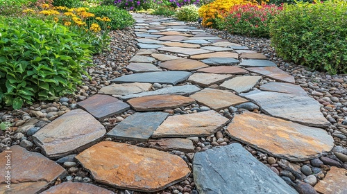 A colorful stone pathway meanders through a vibrant garden