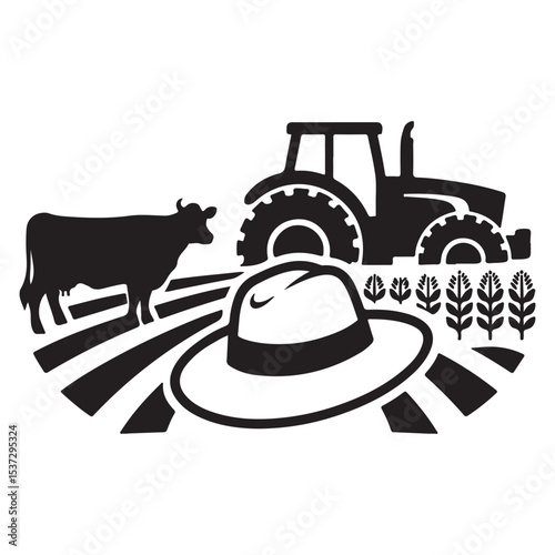 Farm Scene with Tractor, Cow, and Farmer's Hat